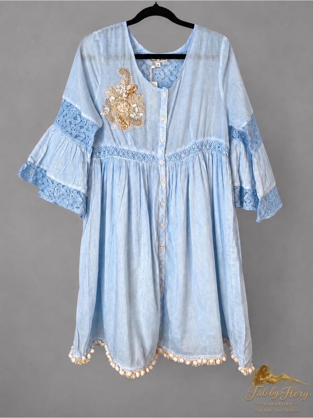 White Waves Light Blue Cotton Lace Babydoll Mini Dress S/M NWT